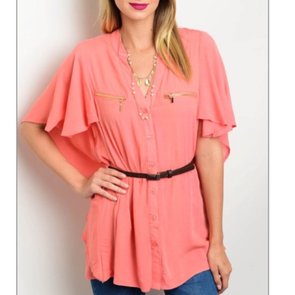 Butterfly Sleeve Top With A Belt Salmon Color